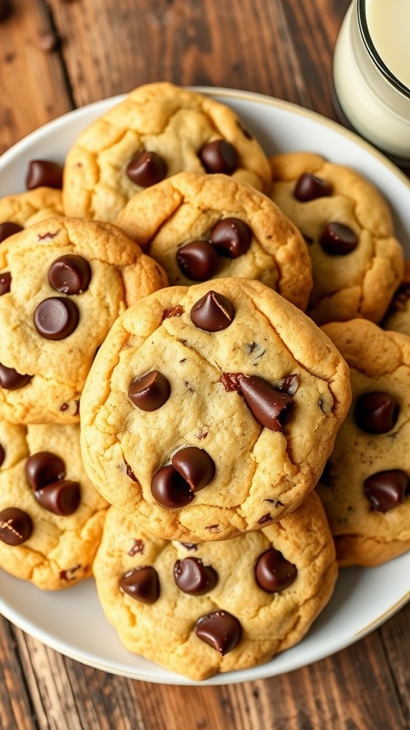 Freshly baked chocolate chip cookies on a plate with a glass of milk.